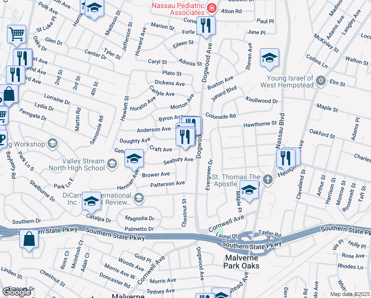 map of restaurants, bars, coffee shops, grocery stores, and more near 676 Hall Street in Franklin Square