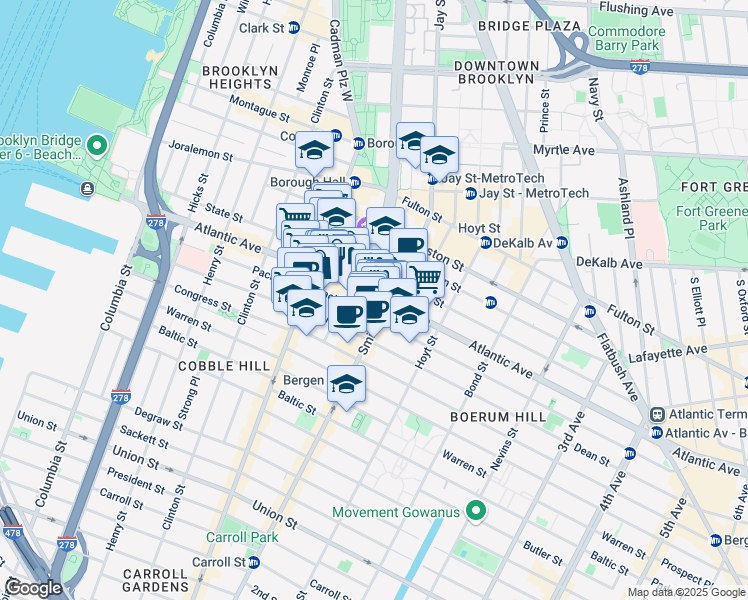 map of restaurants, bars, coffee shops, grocery stores, and more near 245 Atlantic Avenue in Brooklyn