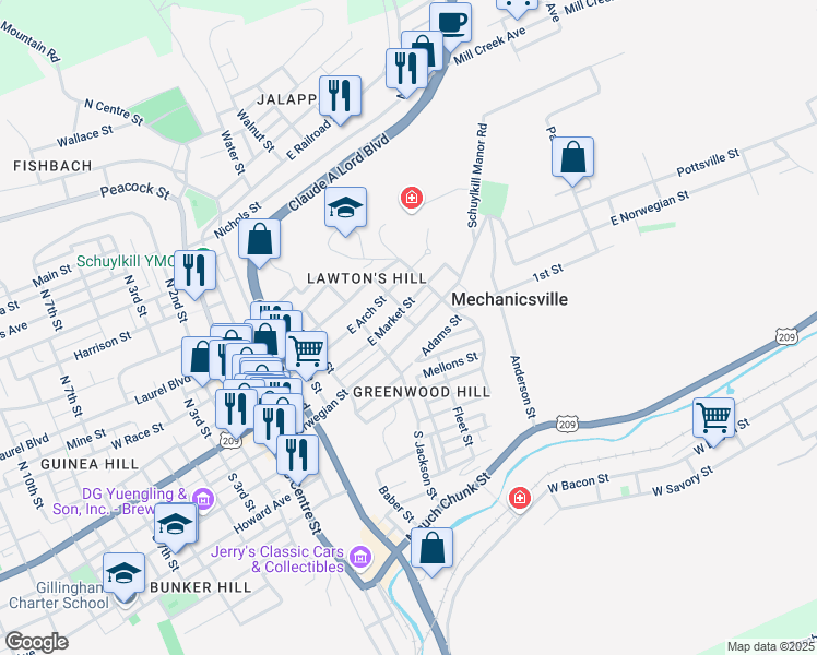 map of restaurants, bars, coffee shops, grocery stores, and more near 532 East Norwegian Street in Pottsville