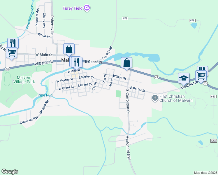 map of restaurants, bars, coffee shops, grocery stores, and more near 117 3rd Street in Malvern