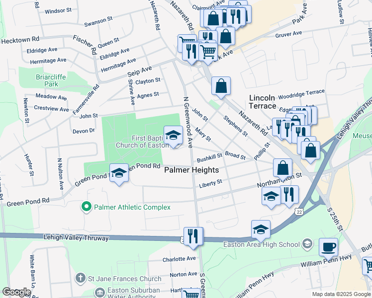 map of restaurants, bars, coffee shops, grocery stores, and more near 155 North Greenwood Avenue in Easton