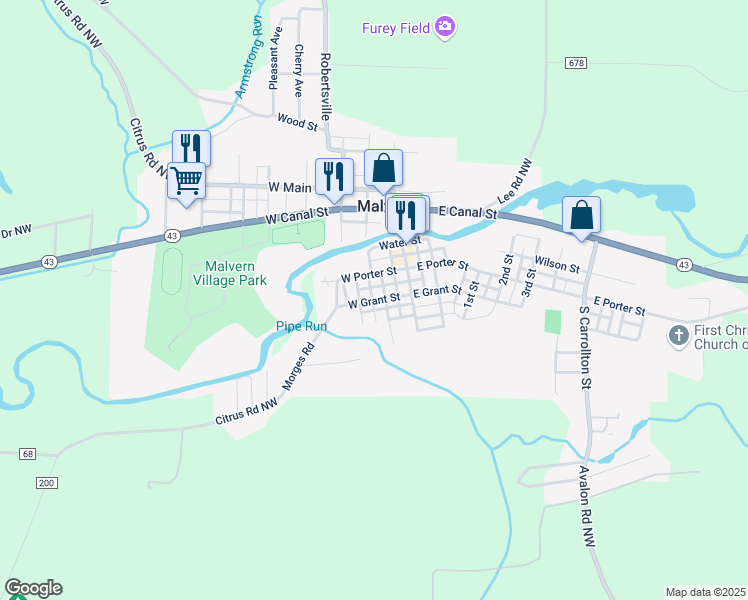 map of restaurants, bars, coffee shops, grocery stores, and more near 117 South Canton Street in Malvern