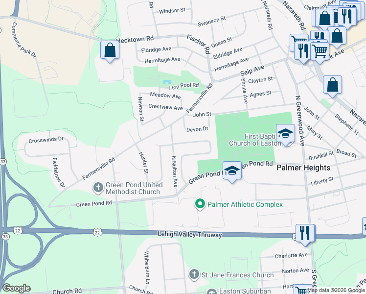 map of restaurants, bars, coffee shops, grocery stores, and more near 56 Ridgewood Road in Easton