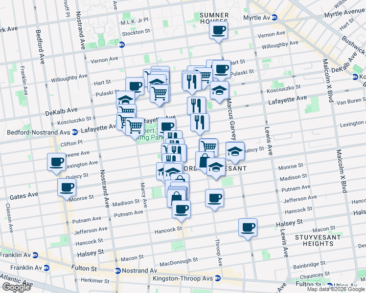 map of restaurants, bars, coffee shops, grocery stores, and more near 457 Lexington Avenue in Brooklyn