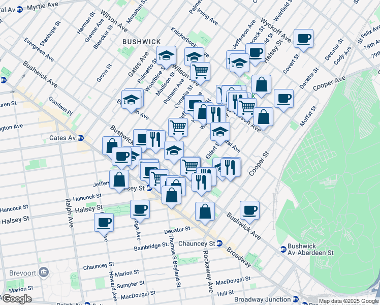 map of restaurants, bars, coffee shops, grocery stores, and more near 1095 Halsey Street in Brooklyn