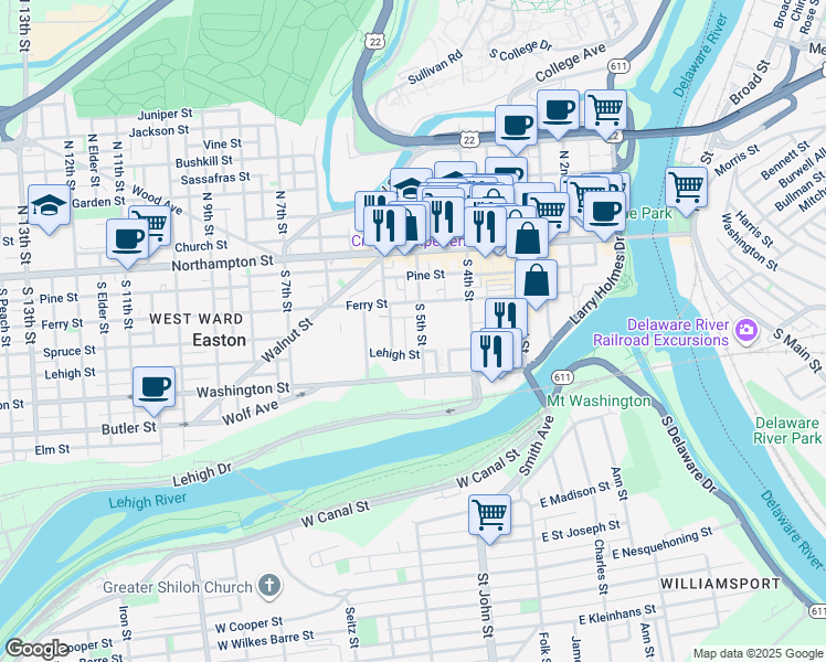 map of restaurants, bars, coffee shops, grocery stores, and more near 135 South 5th Street in Easton