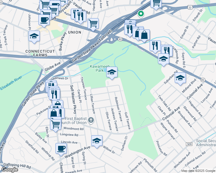 map of restaurants, bars, coffee shops, grocery stores, and more near 490 David Terrace in Union