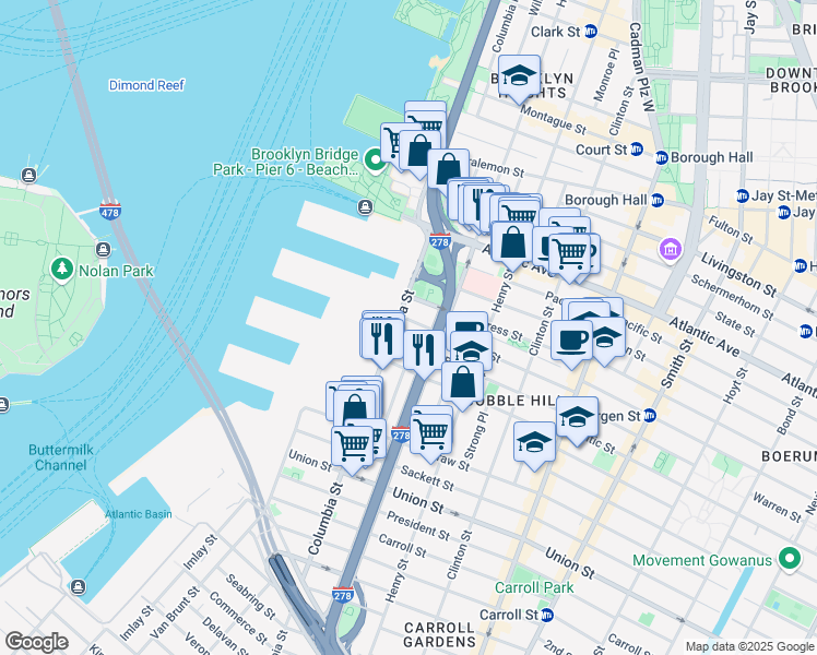 map of restaurants, bars, coffee shops, grocery stores, and more near 98 Warren Street in Brooklyn