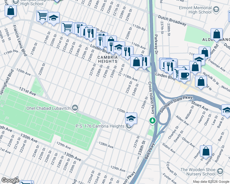 map of restaurants, bars, coffee shops, grocery stores, and more near 119-02 231st Street in Queens