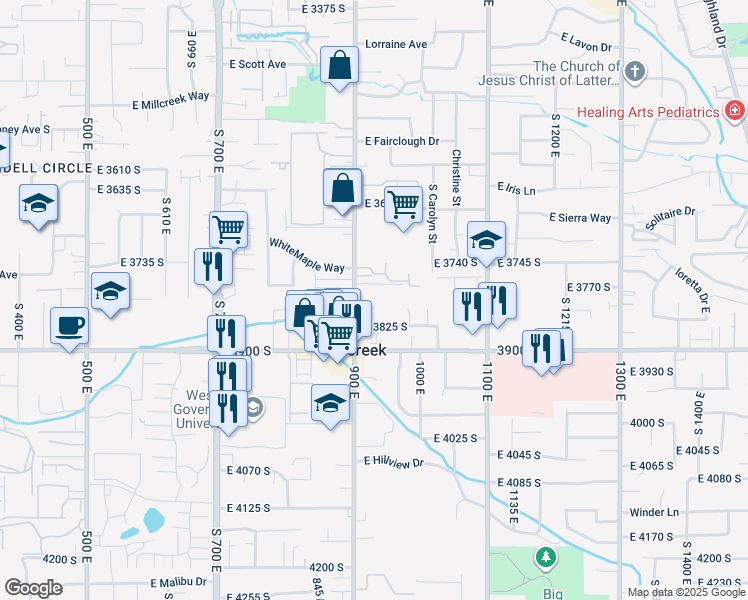map of restaurants, bars, coffee shops, grocery stores, and more near 950 Grape Ivy Way in Millcreek