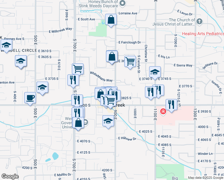 map of restaurants, bars, coffee shops, grocery stores, and more near in Millcreek