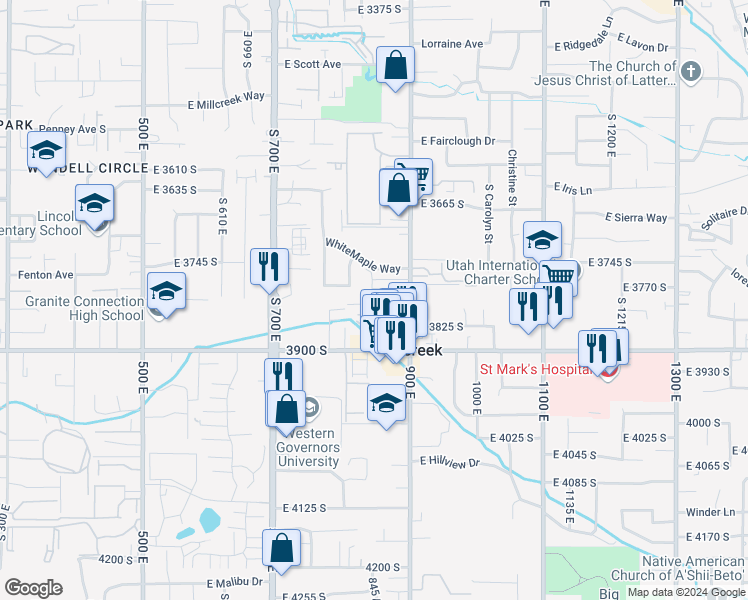 map of restaurants, bars, coffee shops, grocery stores, and more near 881 Maple View Drive in Millcreek