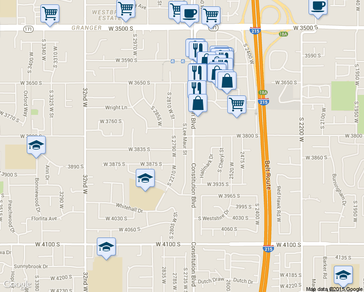 map of restaurants, bars, coffee shops, grocery stores, and more near 3819 South Lee Maur Street in West Valley City