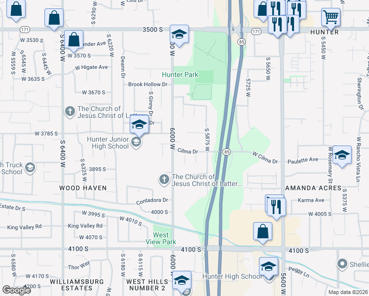map of restaurants, bars, coffee shops, grocery stores, and more near 3803 6000 West in West Valley City