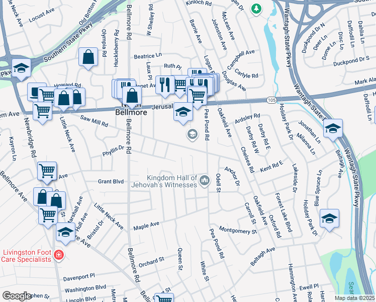 map of restaurants, bars, coffee shops, grocery stores, and more near 1300 Cayuga Avenue in North Bellmore
