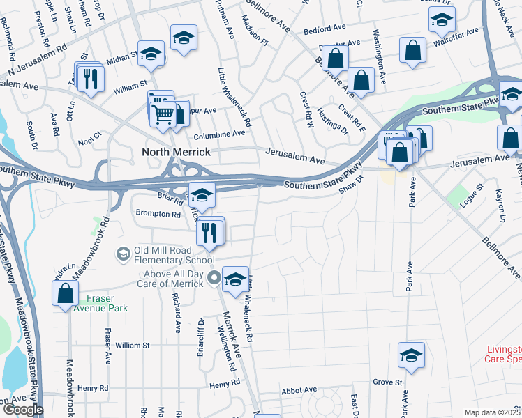 map of restaurants, bars, coffee shops, grocery stores, and more near 1256 Little Whaleneck Road in Merrick