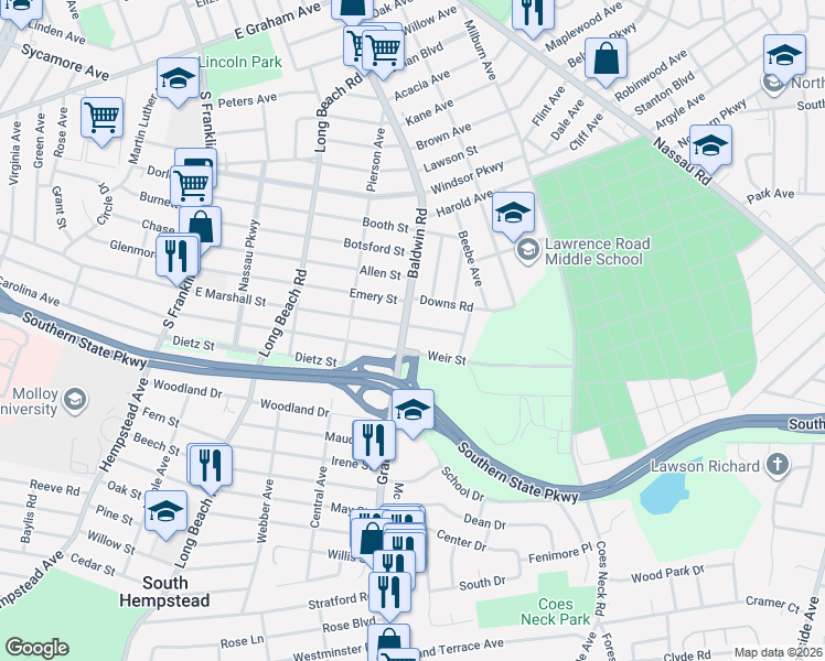 map of restaurants, bars, coffee shops, grocery stores, and more near 415 Baldwin Road in Hempstead