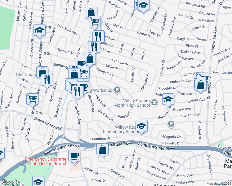 map of restaurants, bars, coffee shops, grocery stores, and more near 1009 Park Lane North in Franklin Square
