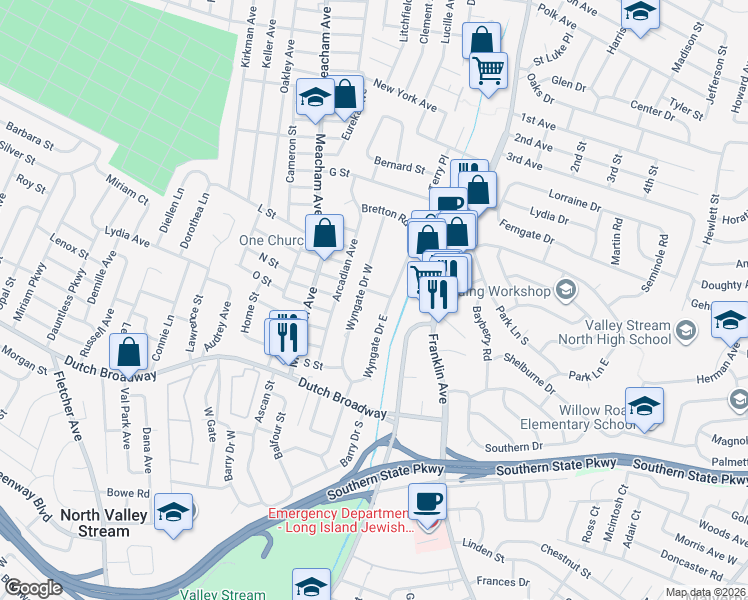 map of restaurants, bars, coffee shops, grocery stores, and more near 1264 Ixworth Road in Valley Stream