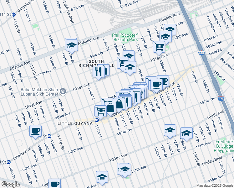 map of restaurants, bars, coffee shops, grocery stores, and more near 121-15 103rd Avenue in Queens