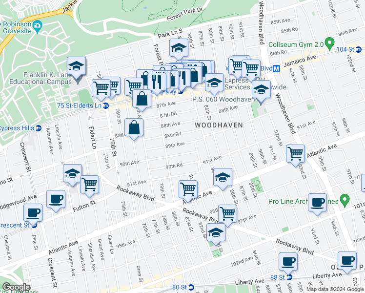 map of restaurants, bars, coffee shops, grocery stores, and more near 80-37 89th Avenue in Queens