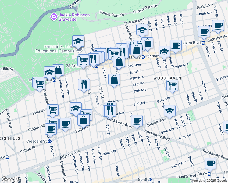 map of restaurants, bars, coffee shops, grocery stores, and more near in Queens