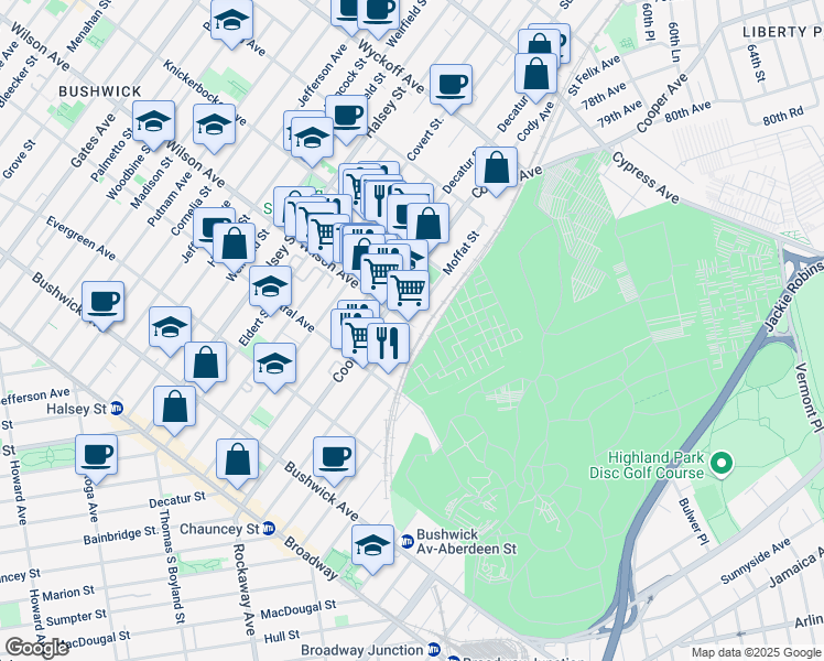 map of restaurants, bars, coffee shops, grocery stores, and more near 236 Moffat Street in Brooklyn