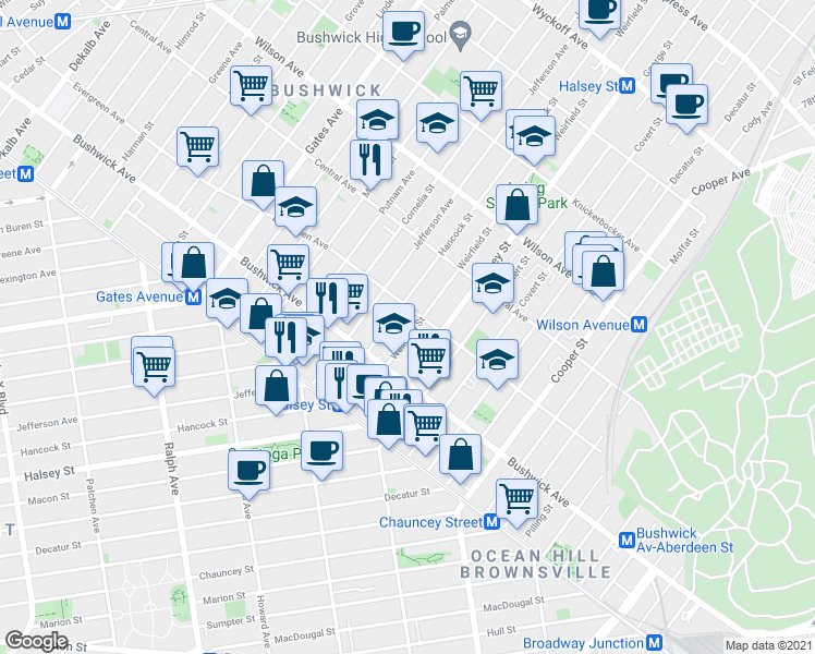 map of restaurants, bars, coffee shops, grocery stores, and more near 1088 Hancock Street in Brooklyn