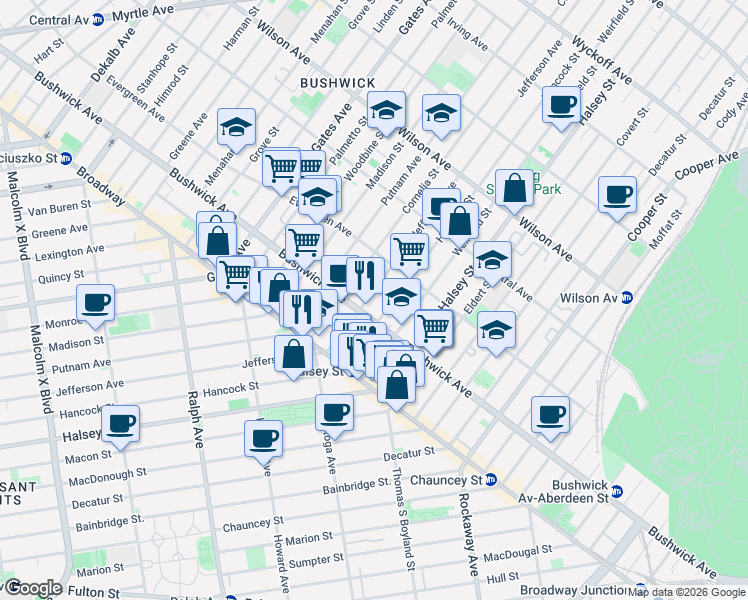 map of restaurants, bars, coffee shops, grocery stores, and more near in Brooklyn