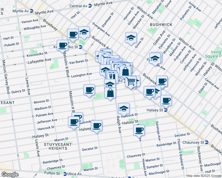 map of restaurants, bars, coffee shops, grocery stores, and more near 980 Gates Avenue in Brooklyn