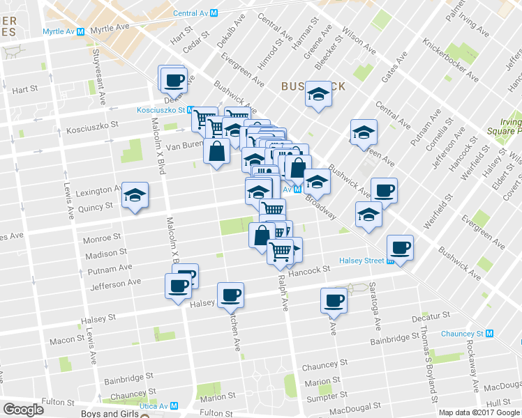map of restaurants, bars, coffee shops, grocery stores, and more near 980 Gates Avenue in Brooklyn