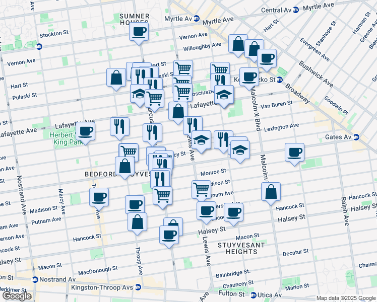 map of restaurants, bars, coffee shops, grocery stores, and more near 218 Lewis Avenue in Brooklyn
