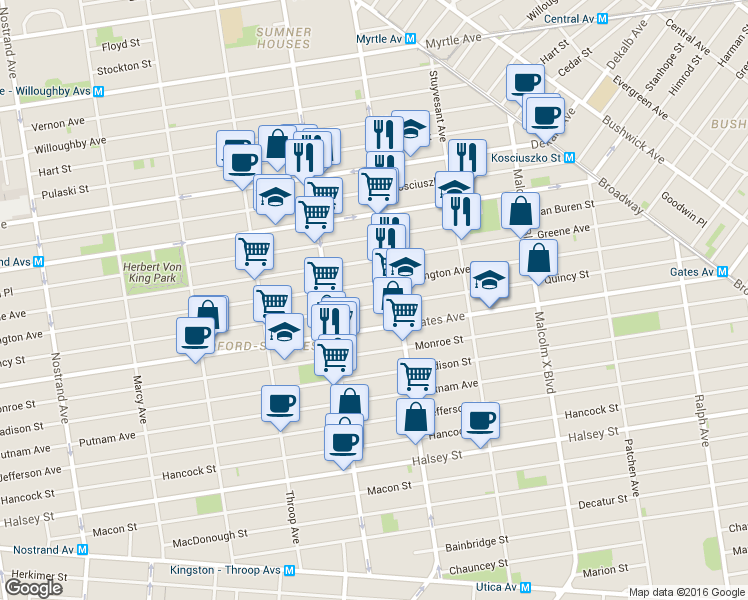 map of restaurants, bars, coffee shops, grocery stores, and more near 218 Lewis Avenue in Brooklyn