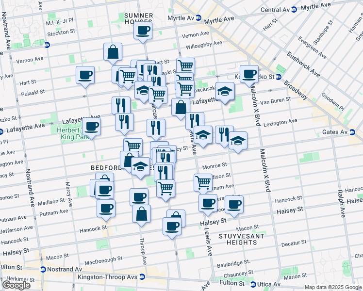 map of restaurants, bars, coffee shops, grocery stores, and more near 554A Lexington Avenue in Brooklyn