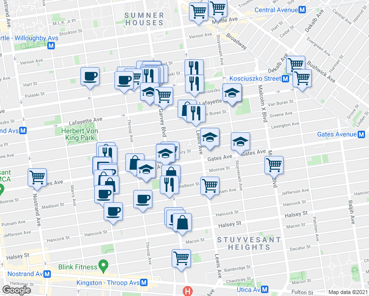 map of restaurants, bars, coffee shops, grocery stores, and more near 554A Lexington Avenue in Brooklyn