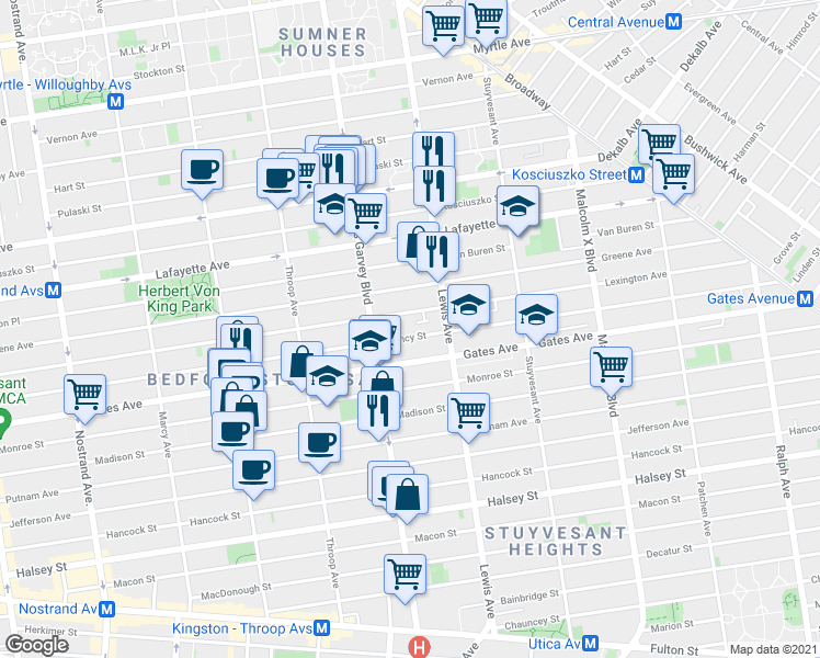 map of restaurants, bars, coffee shops, grocery stores, and more near 554A Lexington Avenue in Brooklyn