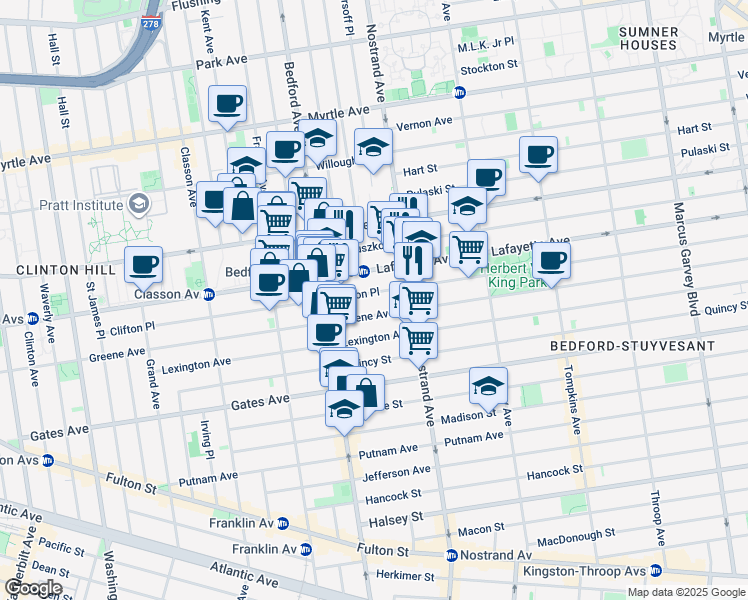 map of restaurants, bars, coffee shops, grocery stores, and more near 265 Clifton Place in Brooklyn