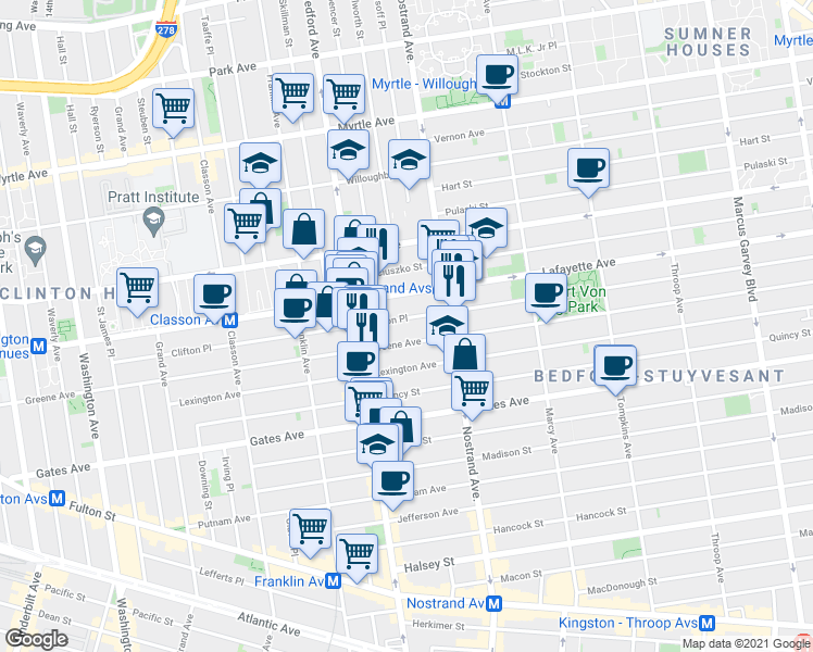 map of restaurants, bars, coffee shops, grocery stores, and more near 265 Clifton Place in Brooklyn