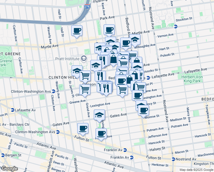 map of restaurants, bars, coffee shops, grocery stores, and more near 404 Lafayette Avenue in Brooklyn