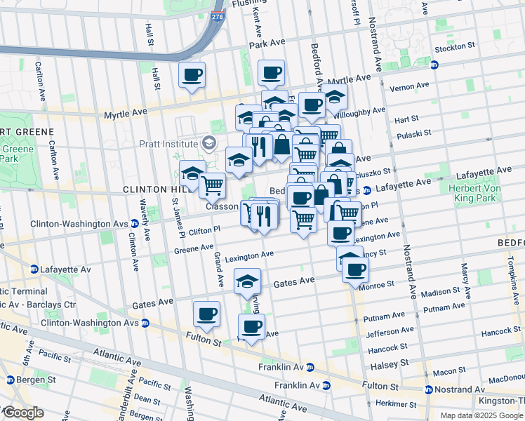 map of restaurants, bars, coffee shops, grocery stores, and more near 404 Lafayette Avenue in Brooklyn