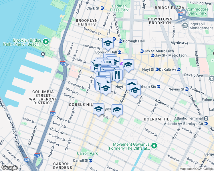 map of restaurants, bars, coffee shops, grocery stores, and more near 212 Atlantic Avenue in Brooklyn