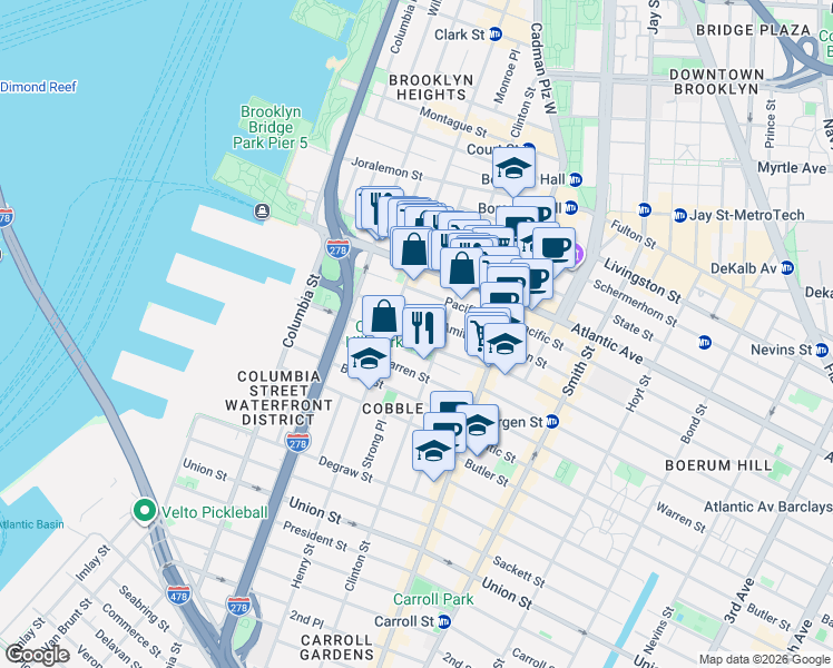 map of restaurants, bars, coffee shops, grocery stores, and more near 122 Amity Street in Brooklyn
