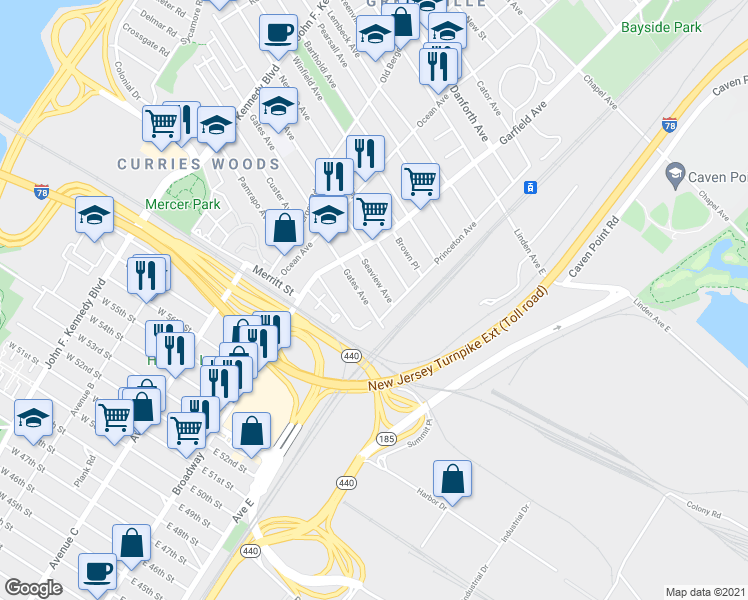 map of restaurants, bars, coffee shops, grocery stores, and more near 27 Seaview Avenue in Jersey City