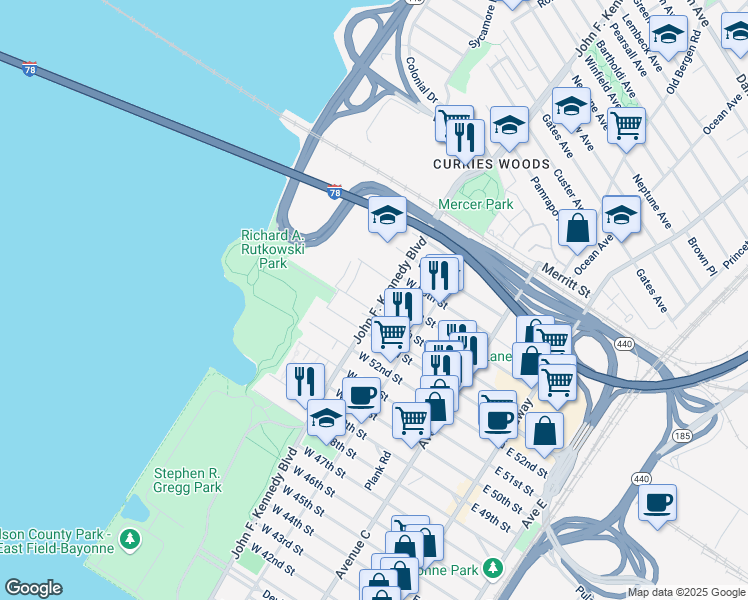 map of restaurants, bars, coffee shops, grocery stores, and more near 1224 John F. Kennedy Boulevard in Bayonne