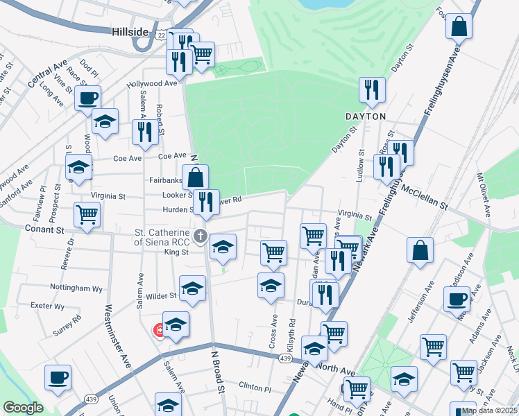 map of restaurants, bars, coffee shops, grocery stores, and more near 1401 Lower Road in Elizabeth