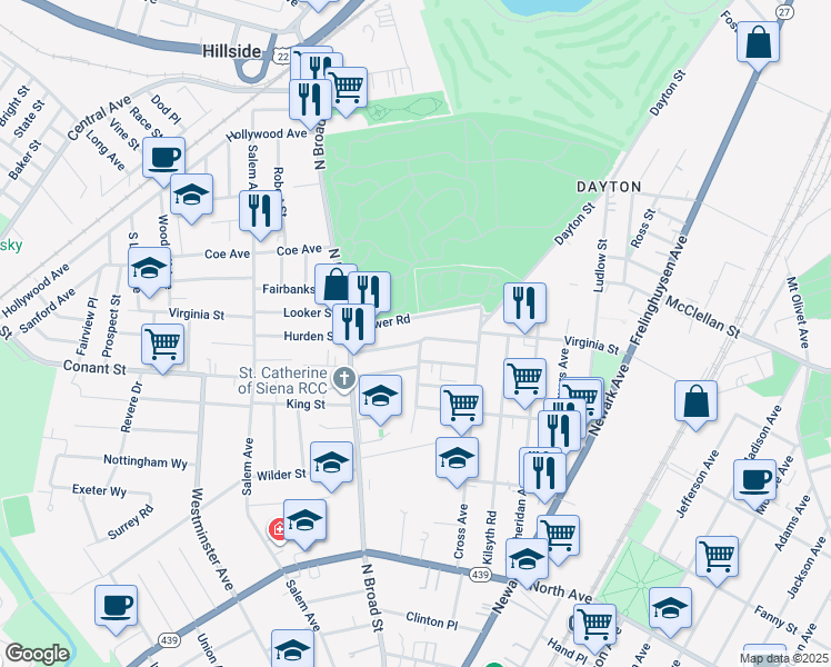 map of restaurants, bars, coffee shops, grocery stores, and more near 1410 Lower Road in Elizabeth