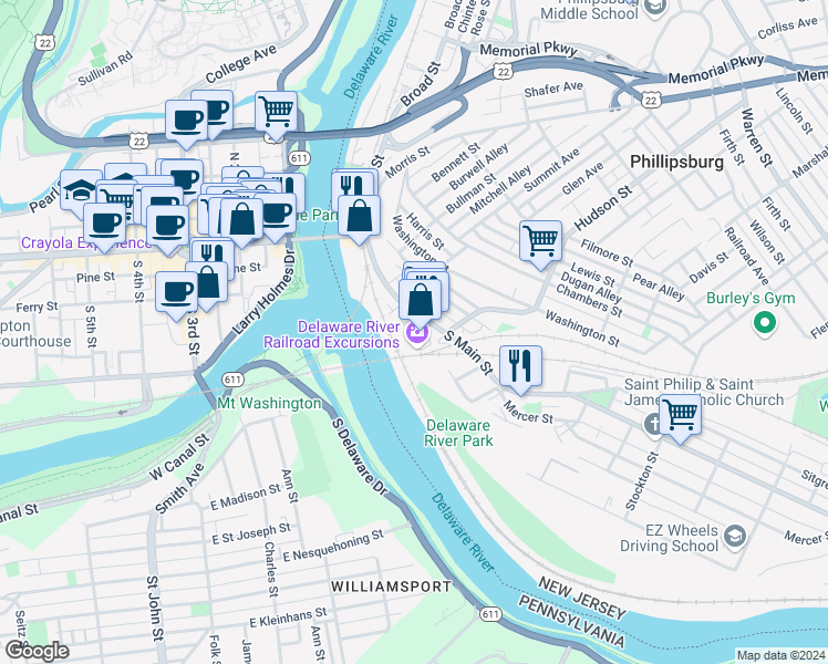 map of restaurants, bars, coffee shops, grocery stores, and more near 3 Elizabeth Street in Phillipsburg