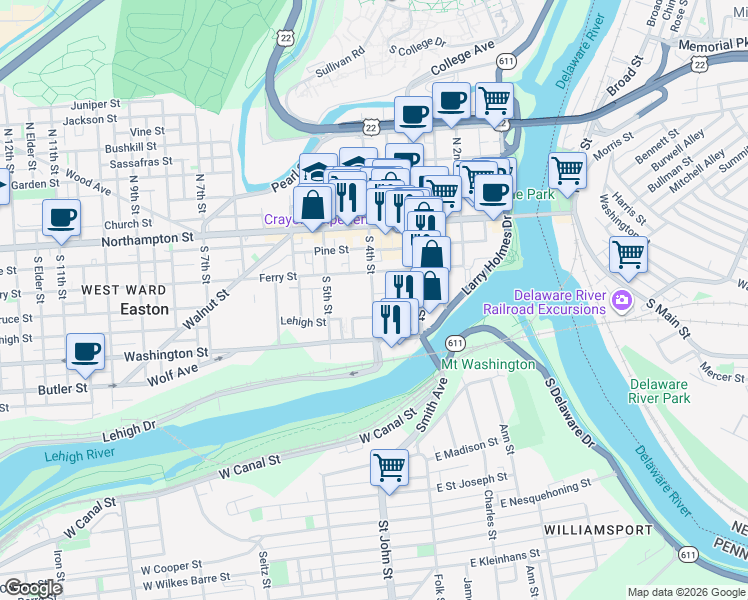 map of restaurants, bars, coffee shops, grocery stores, and more near 127 South 4th Street in Easton