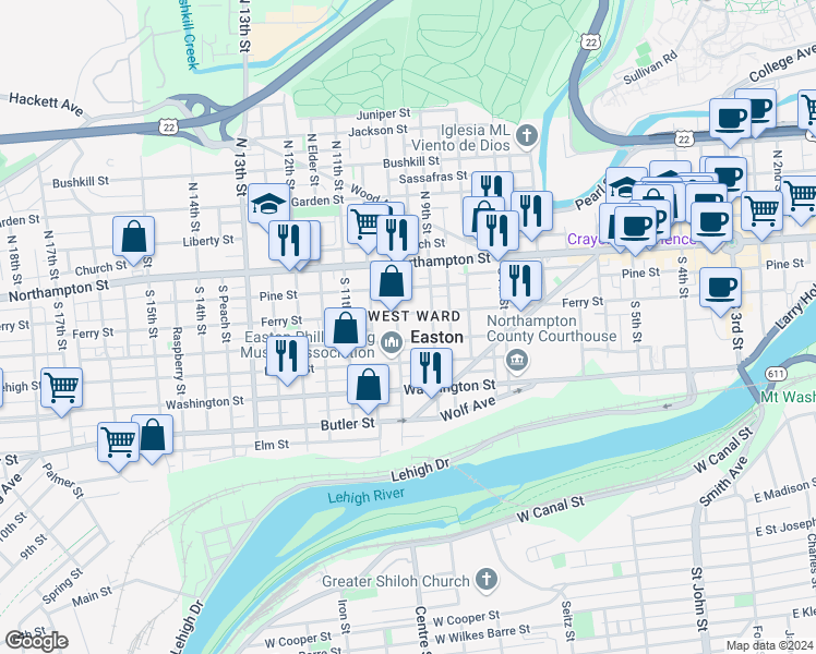 map of restaurants, bars, coffee shops, grocery stores, and more near in Easton