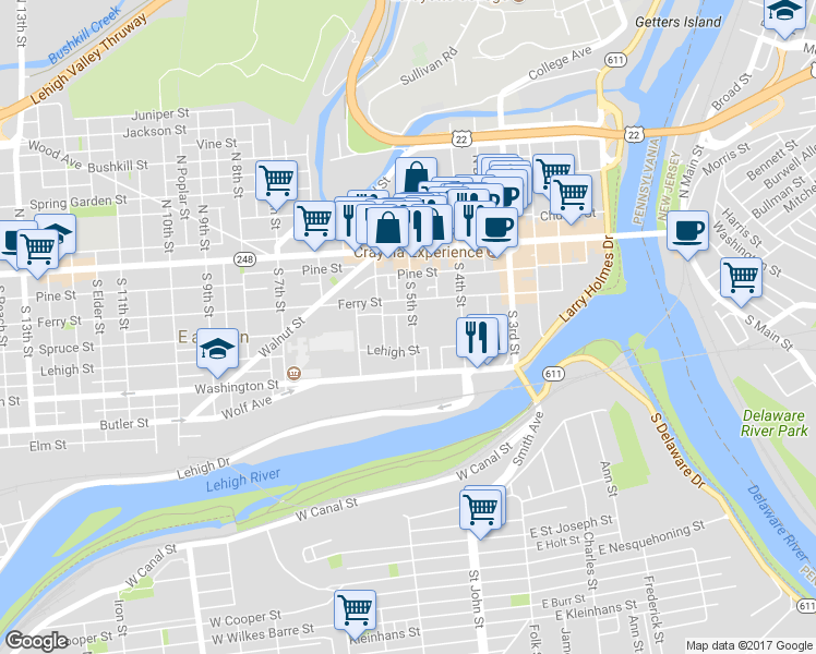 map of restaurants, bars, coffee shops, grocery stores, and more near 135 South 5th Street in Easton
